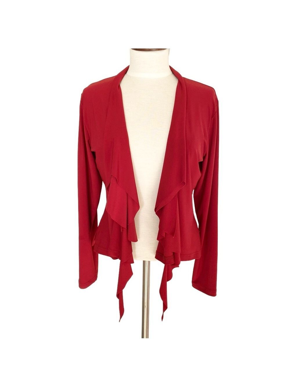 Sympli Red Stretch Jersey Draped Ruffle Open Front Cardigan Size 12